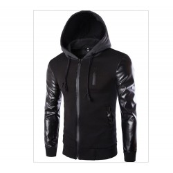 jaqueta casual zíper feminina pu couro com capuz