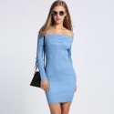 Vestido Curto azul Decote Canoa Ombro Manga Comprida Casual de Verão