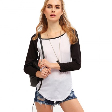 Camiseta Feminina Manga Longa Branca e Preta Estudante Casual Fina