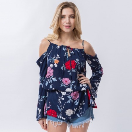 Blusa Feminina Moda Praia Estampa Floral Manga Boca de Sino Verão