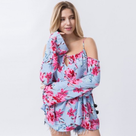 Blusa Feminina Moda Praia Estampa Floral Manga Boca de Sino Verão