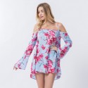 Blusa Feminina Moda Praia Estampa Floral Manga Boca de Sino Verão