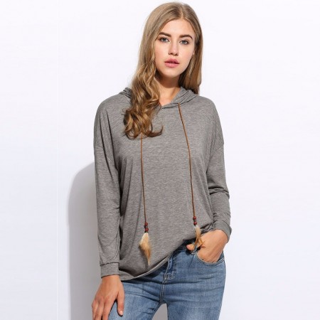 Blusa de Frio Feminina Moletom com Capuz Manga Longa Azul e Cinza