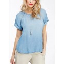 Camiseta Feminina Básica Azul Lavado Jeans Fino Casual Microfibra
