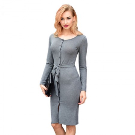 Midi Women's Long Sleeves Gray Worker Dress