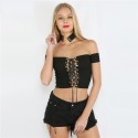 Mini Blusa Feminina Preta Decote Cadaço Traçados Estilo Jovem Urbano