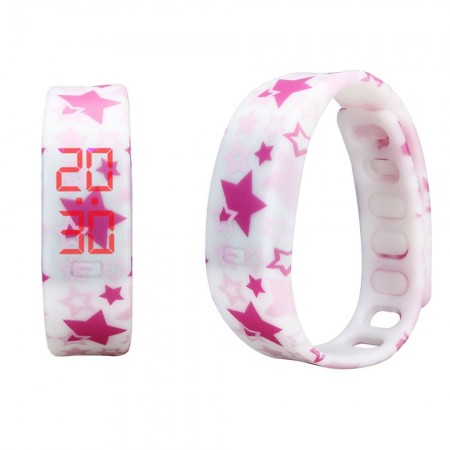 Rélogio Feminino Digital Customizado Branco Estrelas Rosa Acessorio