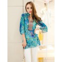 Blusa Feminina Azul Estampa Floral Casual Manga 3/4 Decote V Barata