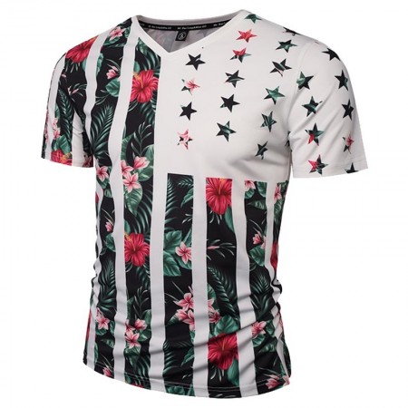 Camiseta SWAG Masculina Estampada Floral Américana Branca Gola V