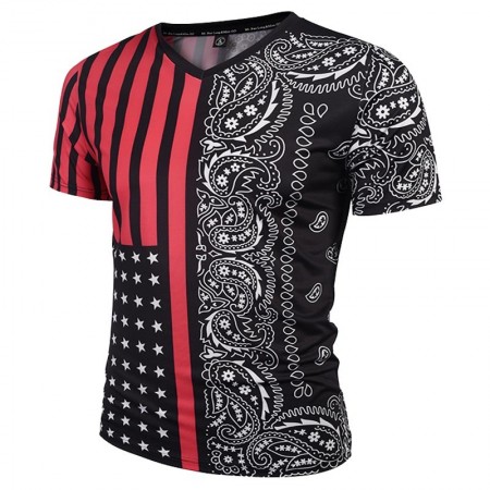 Camiseta SWAG Masculina Estampada Floral Américana Branca Gola V