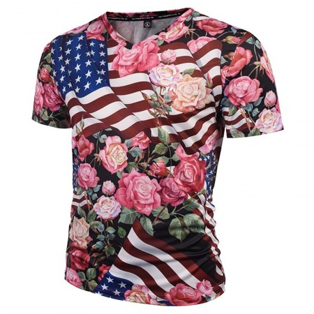 SWAG Men's American Floral Print T-Shirt White V Neck