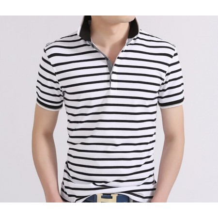 Camisa Polo Branca Listrada Masculina Moda Verão Manga Curta Casual