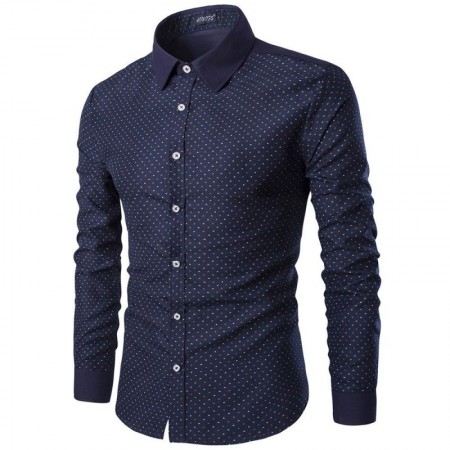Social Slim Fit Men's Navy Blue Shirt and Wine with Polka Dots