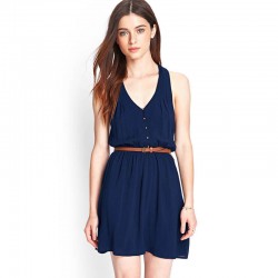 Vestido Feminino Azul Casual Curto com Cinta