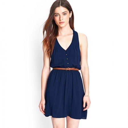 Vestido Feminino Azul Casual Curto com Cinta