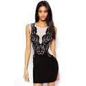 Vestido Bodycon Preto Curto Estampado Elegante