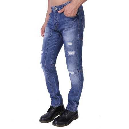 Calça Jeans Masculina Rasgada Casual Azul Slim Moda Urbana