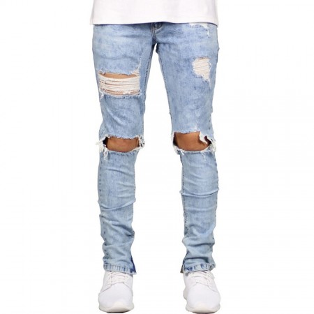 Men's Slim Jeans Torn Into The Knee Destroyed Color Washed