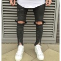 Calça Masculina Preta Estilo Rock Rasgada Moderna Casual e Zíper