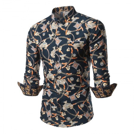 Camisa Elegante Masculina Estampada Desenhos Manga Longa Casual