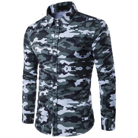 Long Sleeve Military Camouflage Print Men's Casual Shirt