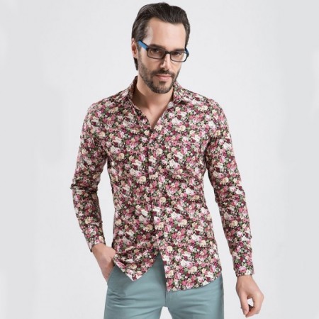 Camisa Floral Retro Masculina Manga Longa de Botão Moda Praia Vintage