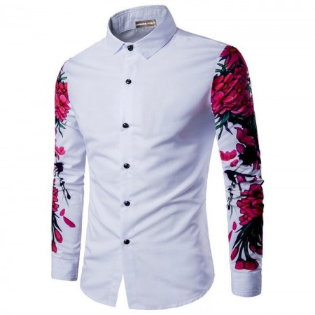 Camisa Casual Manga Longa de Botão Floral Masculina Festa Balada