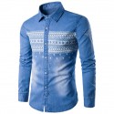 Camisa Masculina Jeans Lavado Estampada Manga Longa Jaqueta