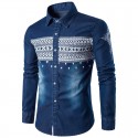 Camisa Masculina Jeans Lavado Estampada Manga Longa Jaqueta