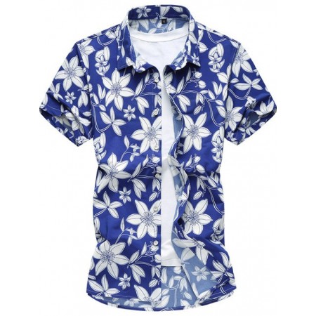 Camisa Casual Masculina de Férias Havaiana Manga Curta Moda Praia Flor