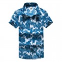 Men's Beach Shirt Blue Short Sleeve Printed Sea Button
