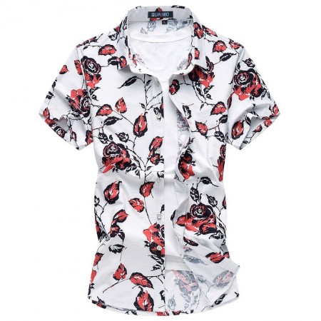 Camisa Floral Masculian Rosas Manga Curta de Botão Moda Praia