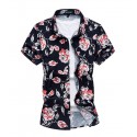 Camisa Floral Masculian Rosas Manga Curta de Botão Moda Praia