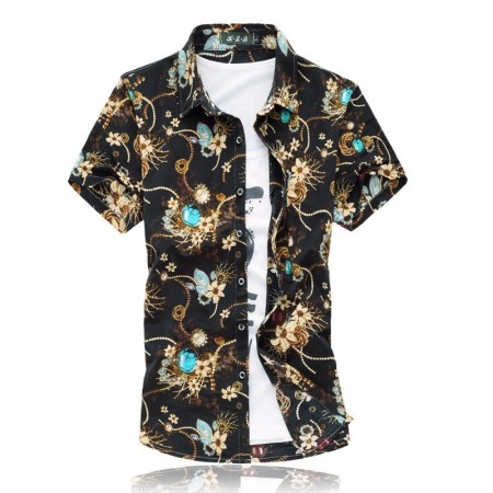 Camisa Masculina Moda Verão Praia Estilosa Fios Dourado Estampa Floral