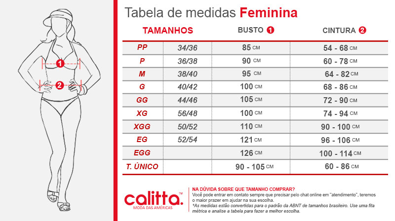 Tabela de Tamanhos e Medidas de Roupas Femininas Calitta