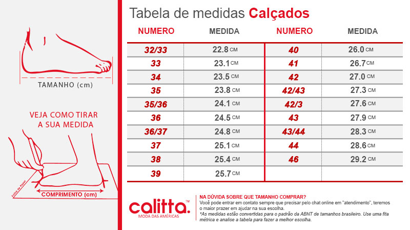 Calitta Medidas e Tamanhos de Calçados Masculinos e Femininos